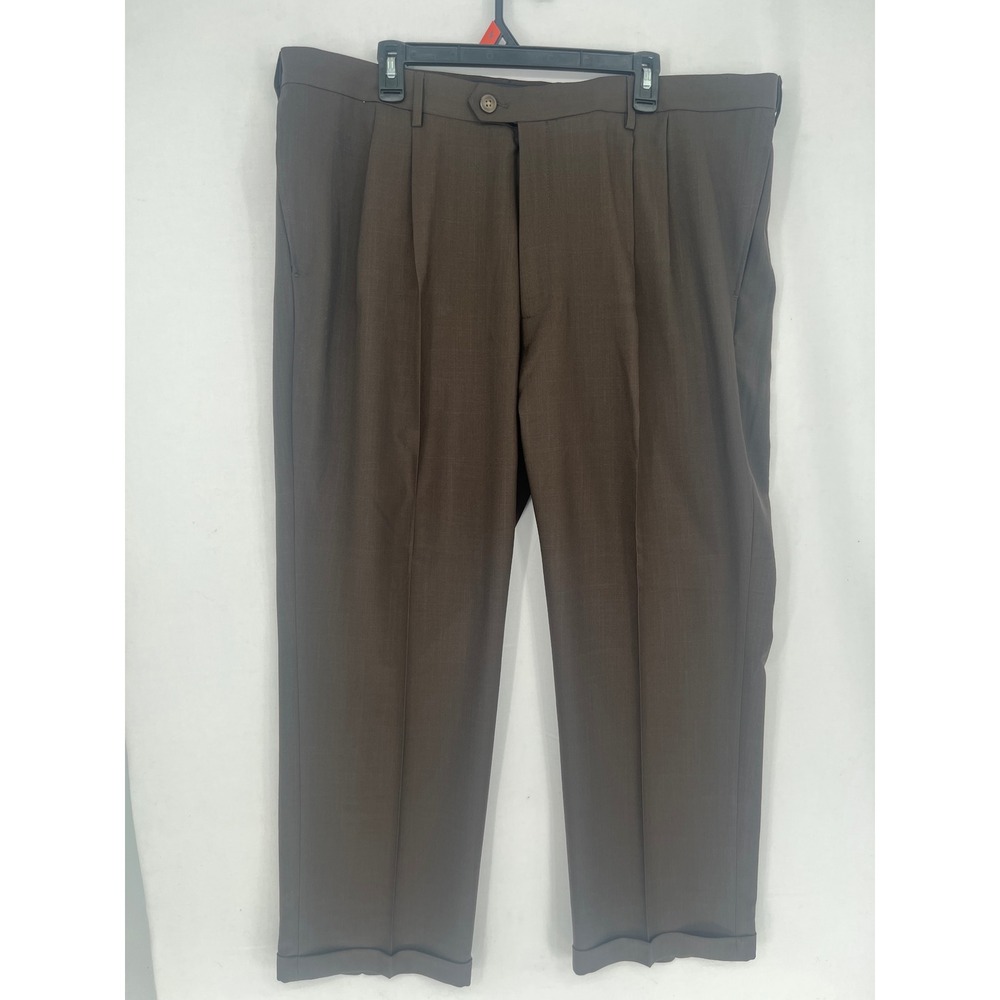 Haggar Eclo Stria Dress Pants Mens 42x30 Brown Classic Fit Pleated Cuffed Pant